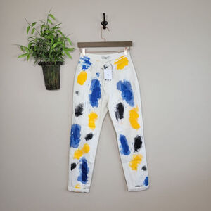 NEW Adika Rukasini White Spray Paint Splatter Jeans Tomboy Relaxed Fit Tapered S